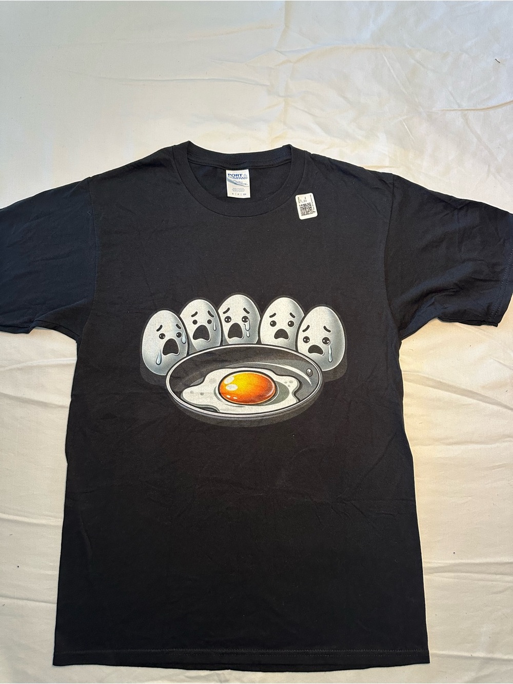 Port and Company Black Short-Sleeve Tee with Fried Egg Graphic